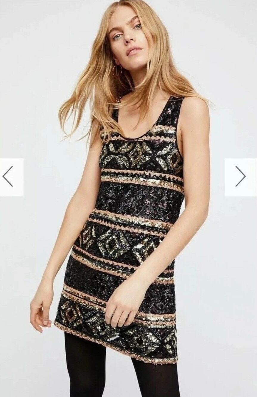 NWOT Free People Sequin Black Gold Party Swing Trapeze Shift Mini Dress Size M
